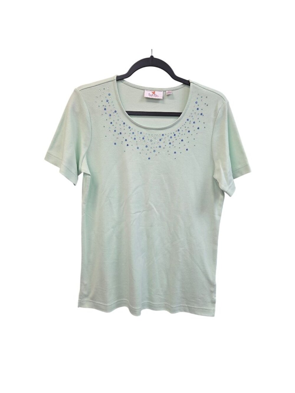 Quacker Factory Womens S Mint Green Embellished Short Sleeve Cotton T-Shirt 4579